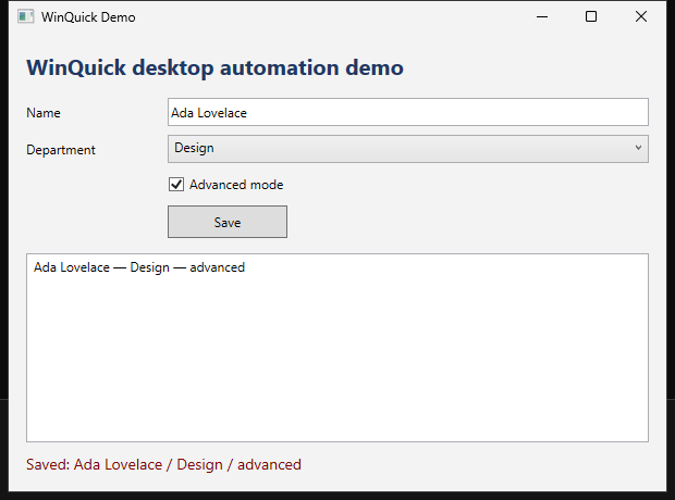 A WPF application in WinQuick with its text box, combo box and checkbox filled in by UI automation